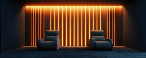 A modern interior space featuring two comfortable chairs illuminated by warm orange lighting against a dark background.