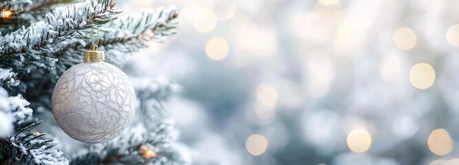 Snow Covered Christmas Tree with White Bauble and Bokeh Lights