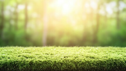 Fototapeta premium Lush Green Grass Field with Soft Focus Background of Sunlit Forest, Creating a Tranquil and Serene Nature Landscape Ideal for Relaxation and Refreshment