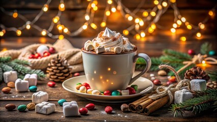 Fototapeta premium Cozy Hot Chocolate Delight: A Festive Winter Drink with Whipped Cream and Marshmallows Perfect for Holiday Celebrations and Christmas Gatherings
