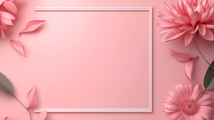 Obraz premium White frame with pink flowers on pink background , beautiful white wedding for room with pink flower on pink background , flower and blank white photo frame