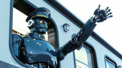 Fototapeta premium Innovative AI Robot Train Conductor Assisting Passengers to Board State-of-the-Art Train in a Futuristic Setting