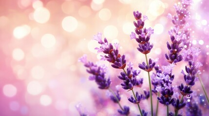 Obraz premium Beautiful Field of Soft Purple Lavender Blossoms with Glowing Bokeh Lights Sparkling in the Background for a Dreamy Artistic Effect