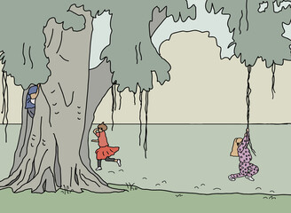 little girl swinging from tree in park while young friends play in and around tree