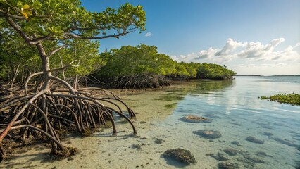 Mangrove Forest with Tangled Seaweed, aquatic plants, mangroves, muddy bottom
