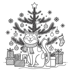 Fototapeta premium cute cat alphabets animal Santa clause cartoon with gift box, happy merry Christmas coloring page activity book for kids children and adults ready to Print