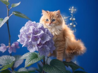 A cute kitten sitting on a chair surrounded by fairy lights and purple flowers
