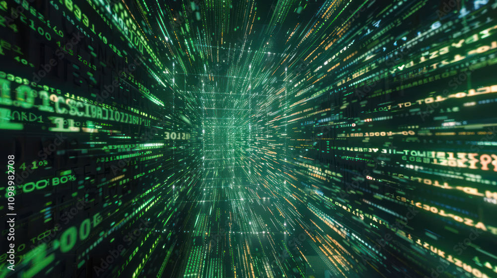 Poster binary digital codes that rush to the center, creating the effect of movement in space or a cyber tu