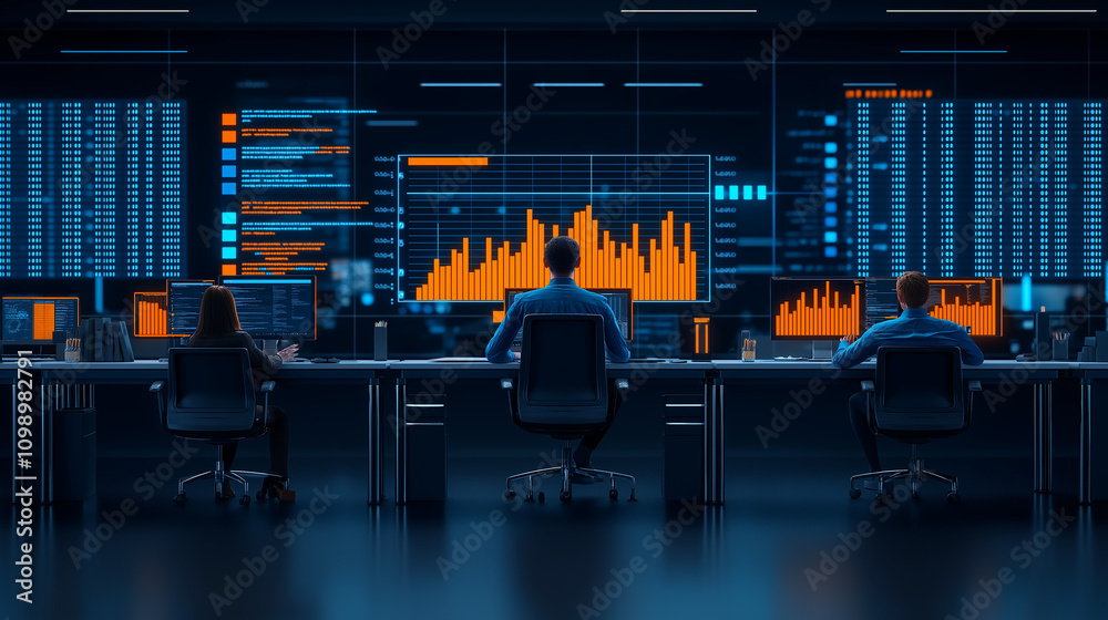 Poster busy office environment with workers analyzing data on screens