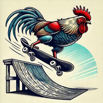 A rooster performing a skateboarding trick on a ramp.