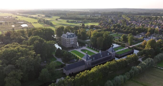 Aerial footage of the historic Amerongen Castle in Amerongen, Utrechtse Heuvelrug, Netherlands