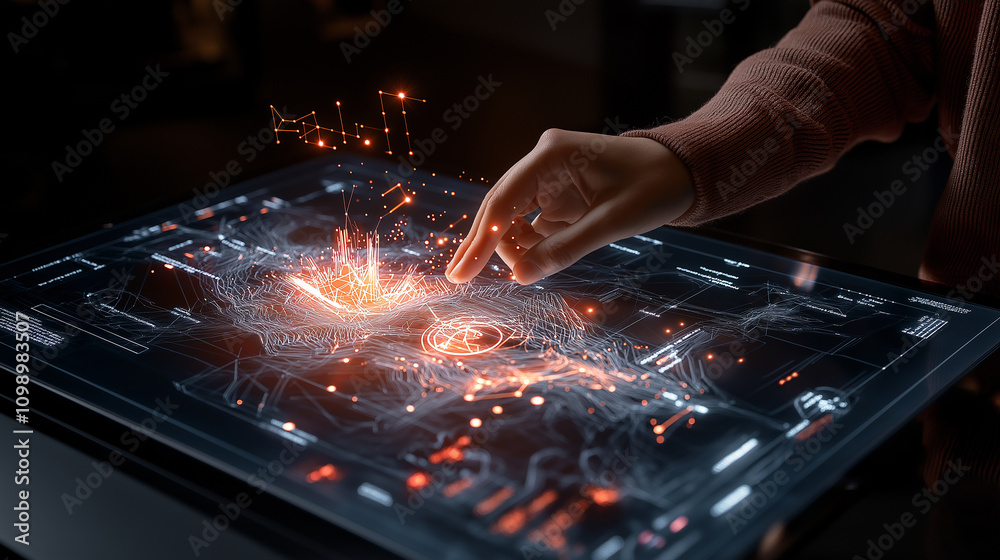 Poster close up view of human hand interacting with digital interface, showcasing technology and