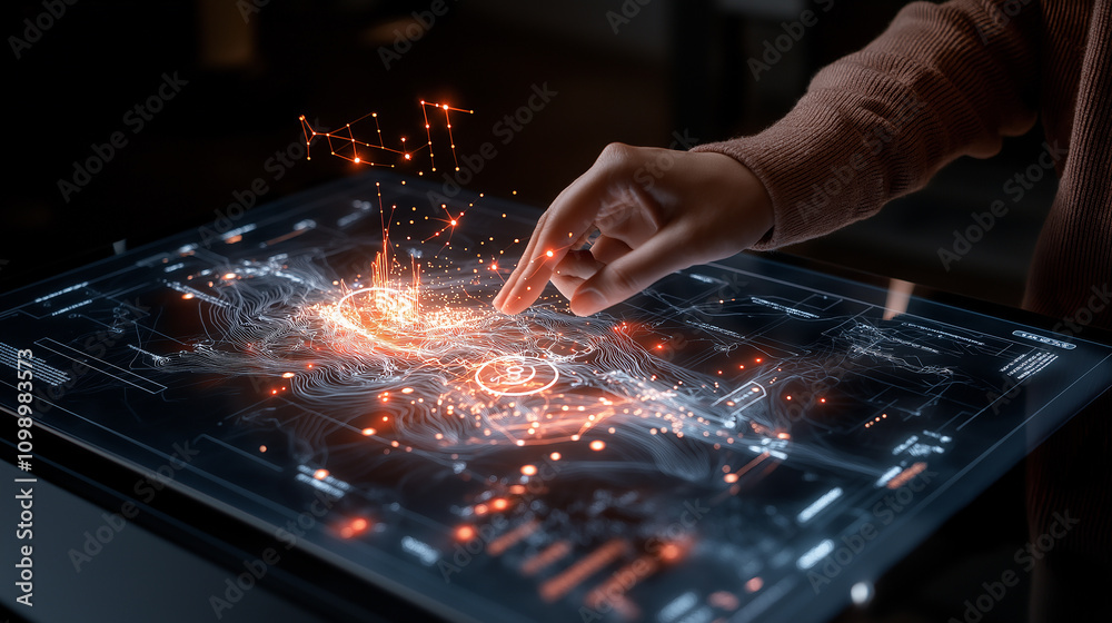 Poster close up view of human hand interacting with digital interface, showcasing technology and