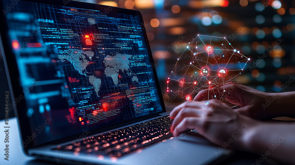 Poster Cybersecurity expert analyzing data on laptop with digital network