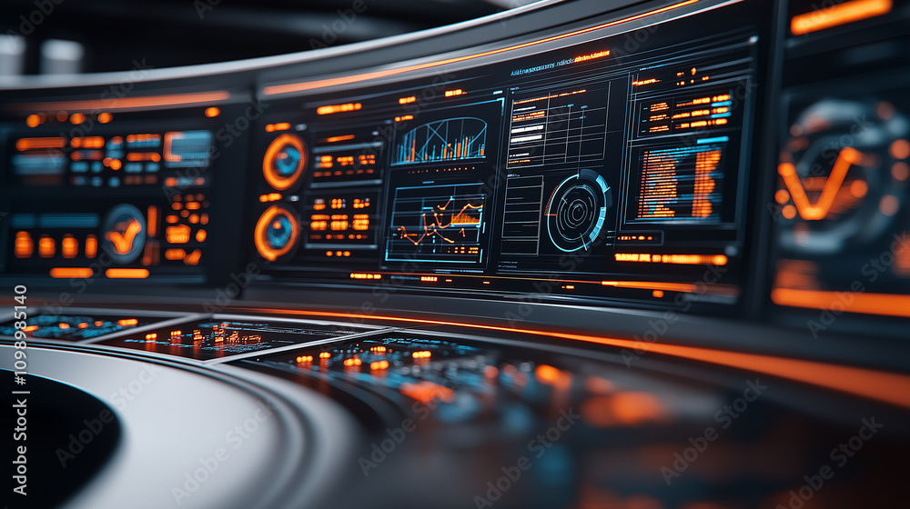 Poster futuristic control room with glowing screens and data displays