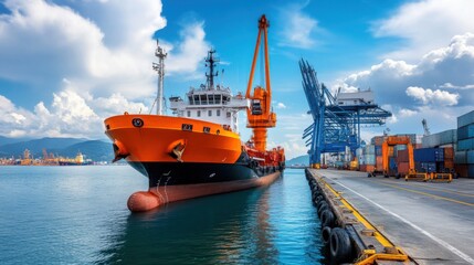 Fototapeta premium Vibrant Harbor Scene with Orange Tugboat, Cranes, Containers, and Blue Sky Reflected in Calm Water, Showcasing Maritime Activity and Port Infrastructure