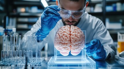 A researcher analyzing AGI algorithms alongside a human brain scan on a futuristic display, close up, focus on technological harmony, realistic, overlay, hightech lab backdrop