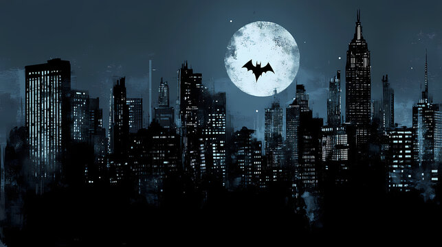 Somber dystopian gotham city at night. city at night. illustration. Dystopian. Illustration