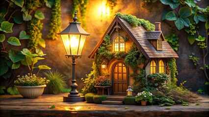 Fototapeta premium Enchanted Cottage Scene with Illuminated Lamppost at Dusk