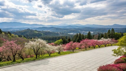 Fototapeta premium Stunning flowered horizon with blooming trees, hillside view, scenic vista, forest scenery, blooming landscape, colorful flowers