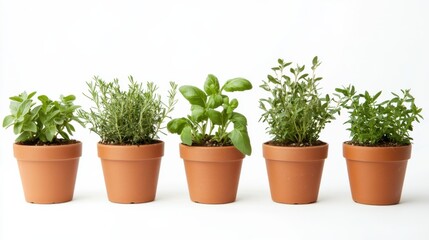 Fototapeta premium Fresh Green Herb Plants in Earthen Pots on a White Background