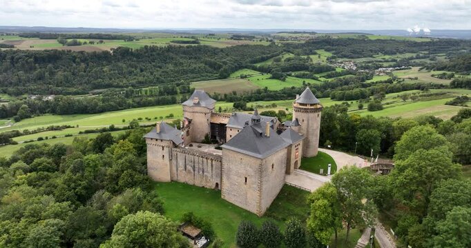 Aerial footage of the Malbrouck Castle, in Manderen village, in the Moselle department in France