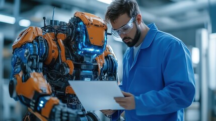 An AGIpowered robot assisting a human scientist in groundbreaking research, focus on partnership, vibrant, overlay, stateoftheart research facility backdrop