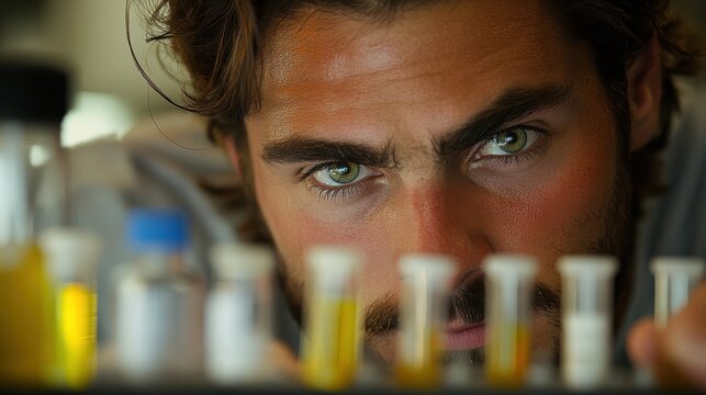 A scientist in a lab analyzing renewable energy technologies as an alternative to fossil fuels, focus on research, vibrant, manipulation, advanced laboratory backdrop