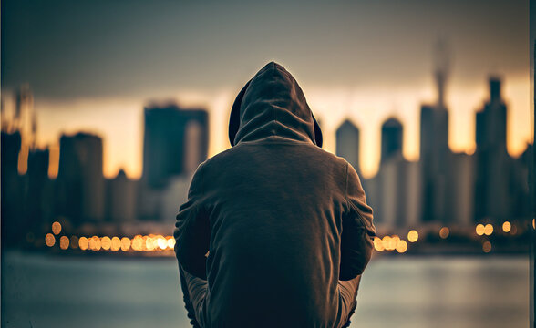 Fototapeta A man is sitting by the water with a hoodie on
