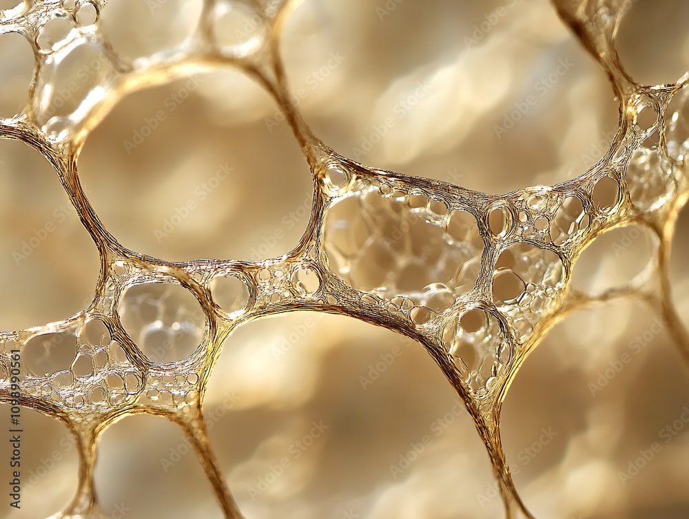 Aufkleber close-up of a delicate, translucent, network-like structure with interconnected holes and a beige-go