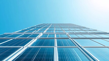 24.A cutting-edge sustainable building with solar panels and large windows for natural light, standing tall in a clean, green environment. The white building silhouette reflects the future of