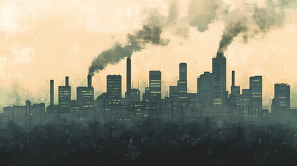 Fototapeta premium A silhouette of a city skyline obscured by a thick layer of smog, creating a sense of dystopian atmosphere. Dystopian. Illustration