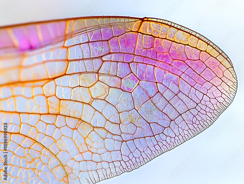 Poster close-up of a dragonfly wing, showcasing intricate vein patterns and vibrant colors.