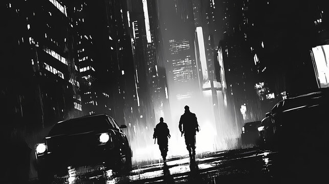 Agents pursue fugitive hiding in gritty futuristic city streets at night - high-stakes chase through moody monochromatic urban landscape. Dystopian. Illustration