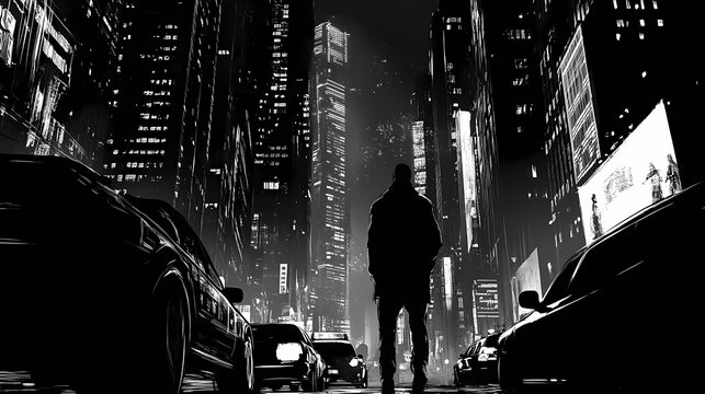 Agents pursue fugitive hiding in gritty futuristic city streets at night - high-stakes chase through moody monochromatic urban landscape. Dystopian. Illustration