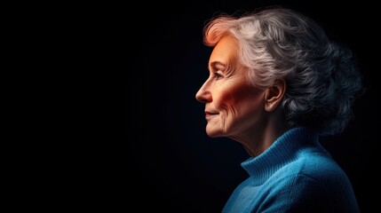 Profile view of a contemplative older woman with short gray hair, highlighted against a dark background, wearing a cozy blue sweater, embodying wisdom and experience in tranquility.