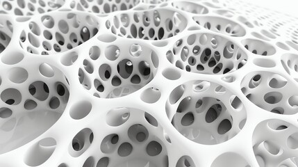 A 3D rendering of a white abstract structure with interconnected,  overlapping spheres, creating a honeycomb effect.