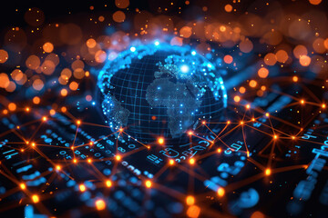 Obraz premium stylized graphics featuring a globe placed on top of a chip or printed circuit board. This composition is often used to represent global technologies, communications and the Internet