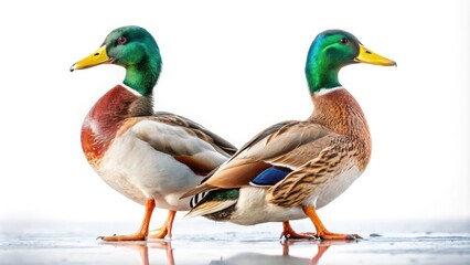 Obraz premium Two Mallard Ducks Isolated on White Background, Perfect for Nature and Wildlife Themes, Ideal for Educational and Creative Projects, High-Quality Stock Photography