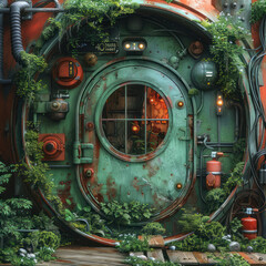 a creative piece of nature integrated into an industrial object, reminiscent of a round door or porthole,  