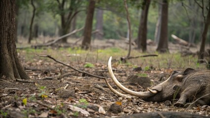 Fototapeta premium Warthog tusk lying on the forest floor, tusks, forest