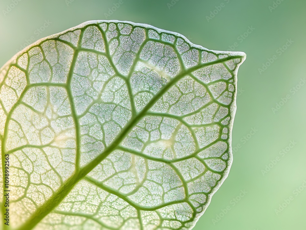 Poster close-up of a leaf's intricate vein structure, translucent and glowing.