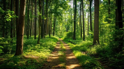 Fototapeta premium Beautiful forest path amidst dense green trees
