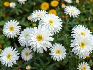 Obraz premium White chrysanthemum blooms with a few bright yellow accents in a garden setting, garden, serene