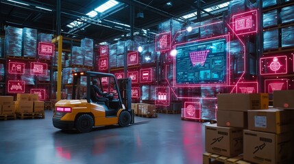 Fototapeta premium autonomous factory robot concept. A modern warehouse with advanced digital technology and automated equipment.