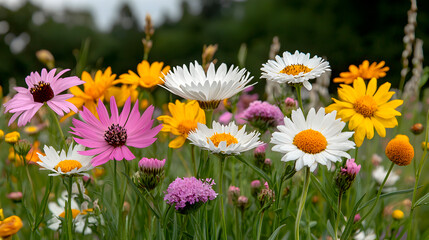 Obraz premium Vibrant wildflowers blooming in nature's oasis scenic landscape colorful display outdoor daylight serenity