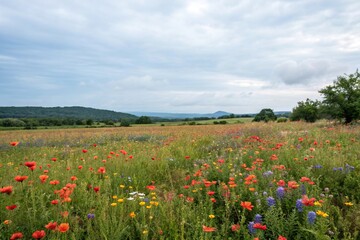 Obraz premium Wildflower field with colorful blooms against sky, nature's beauty, floral field, colorful flowers