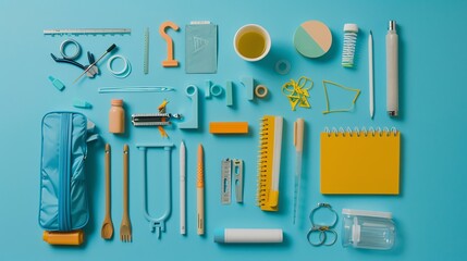 Obraz premium A flat lay of various stationery and office supplies on a blue background.