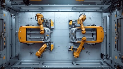 autonomous factory robot concept. Innovative robotic arms assembling vehicles in a modern automotive factory setting.