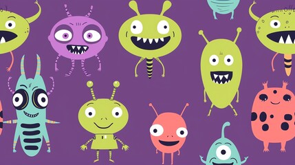 Obraz premium A fun, colorful pattern of friendly monsters on a purple background.